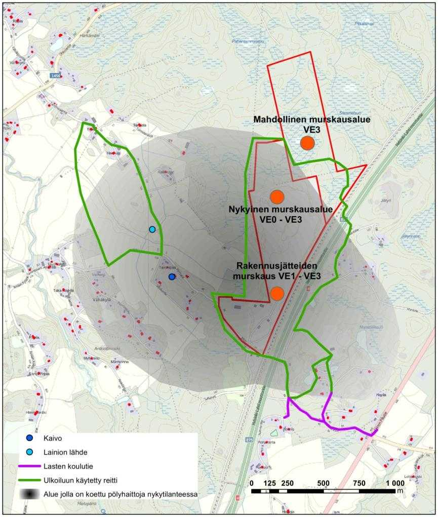 eella kulkevia teitä. Työpajaan osallistuneet piirsivät kartalle käyttämiään ulkoilureittejä (kuva 7-13), jotka sivuavat NCC:n työmaa-alueita. Talvella peltoalueita käytetään hiihtämiseen.