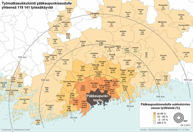 4 Kuva 4. Pääkaupunkiseudulle sukkuloivien osuus kunnan työllisistä 2008. Lähde: Tilastokeskus, työssäkäyntitilastot, piirros HSY.