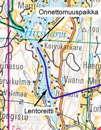 Kuva 1. Onnettomuuslennon GPS-tallenteen lentoreitti (kartta Genimap lupa nro. L7014/07) 1.2 Henkilövahingot Lentokoneessa yksin ollut ohjaaja menehtyi onnettomuudessa.