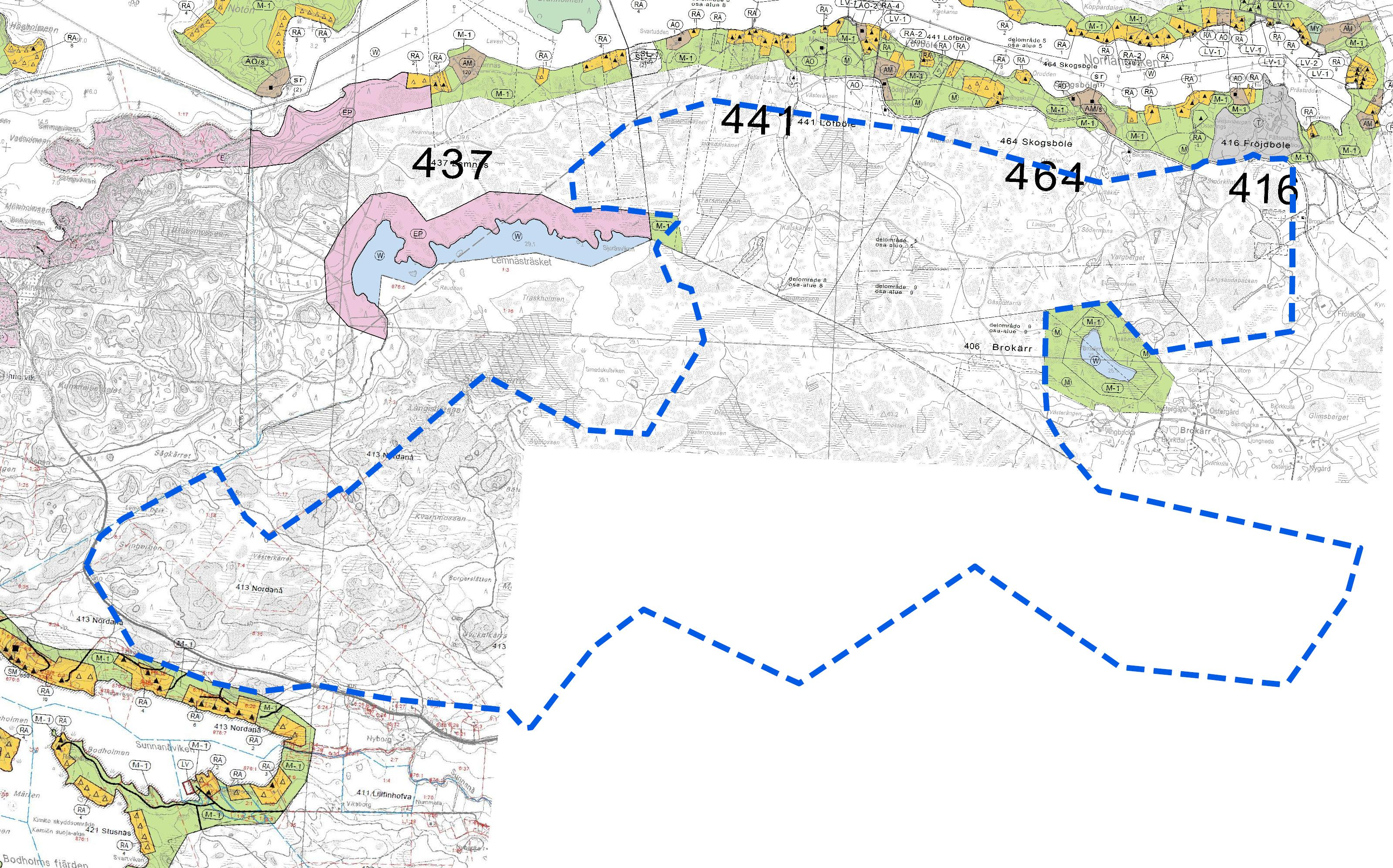 Yhdistelmä Kemiön rantaosayleiskaavasta (pohjoisessa) ja Dragsfjärdin läntisen saariston rantaosayleiskaavasta (lounaiskulma), sekä suunnittelualueen ohjeellinen rajaus sinisellä katkoviivalla. 3.1.