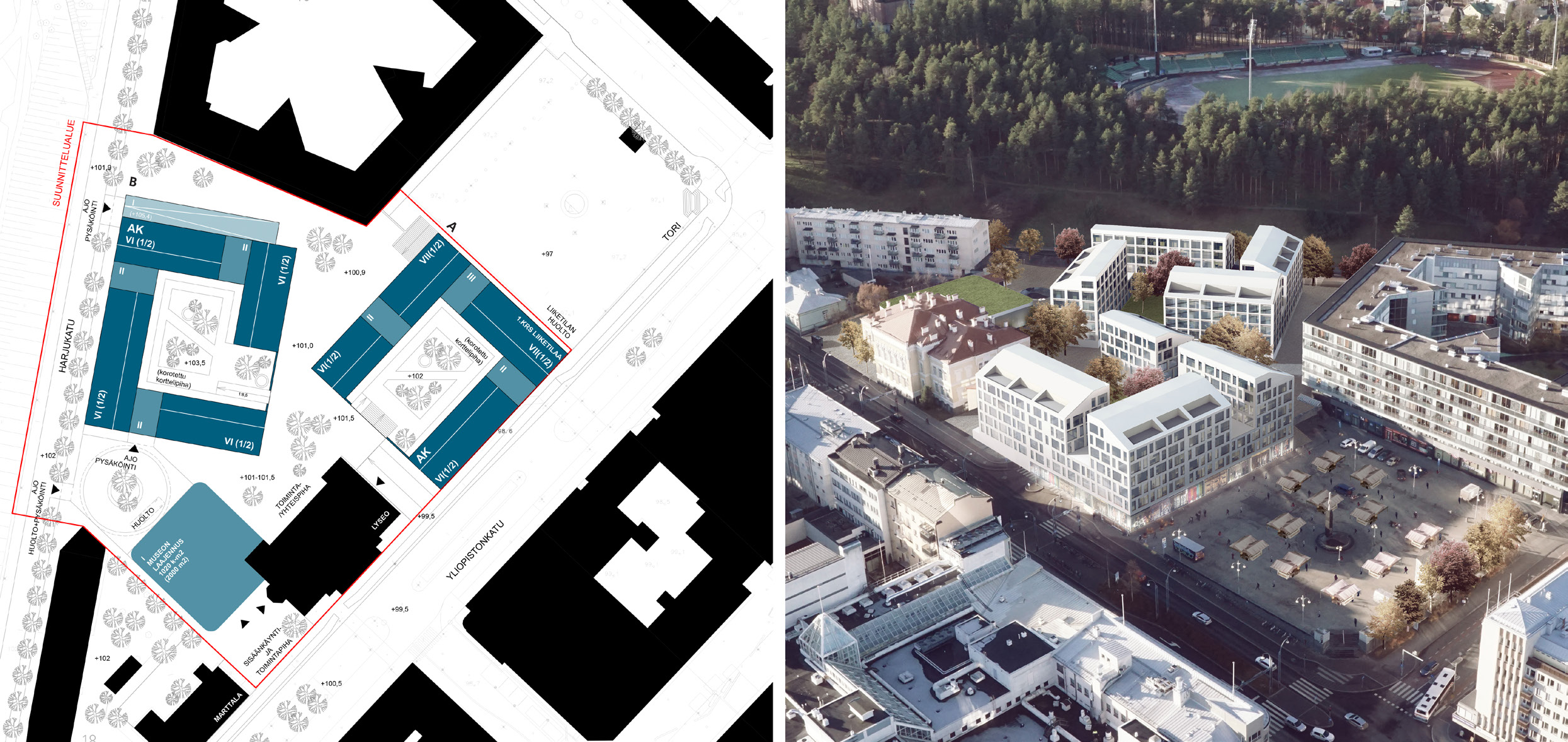 2.2 Kilpailualue ja lähiympäristö Sijainti ja laajuus Kaupunkirakenteellisesti kilpailualue sijaitsee erittäin keskeisellä paikalla Jyväskylän ruutukaavakeskustassa.
