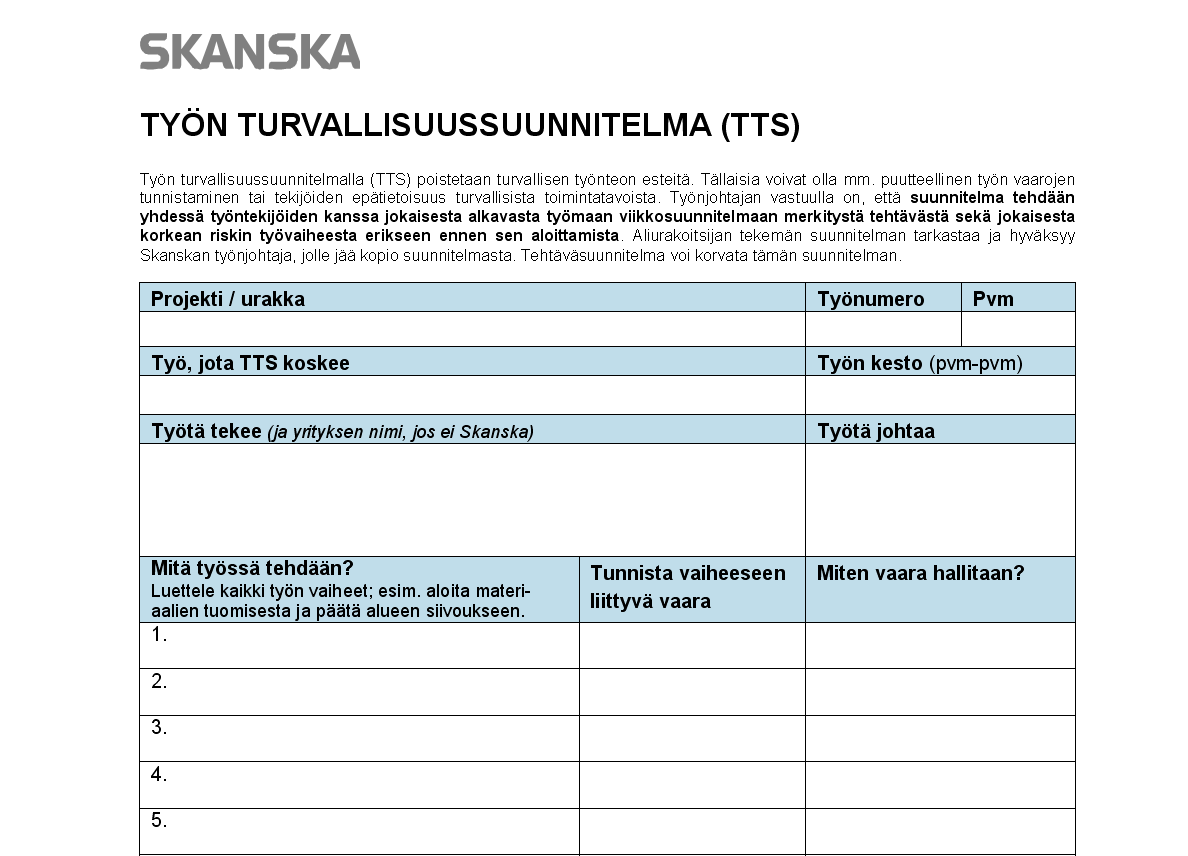 Miten TTS tehdään Suunnitelma tehdään yhdessä työntekijöiden kanssa jokaisesta alkavasta työmaan viikkosuunnitelmaan