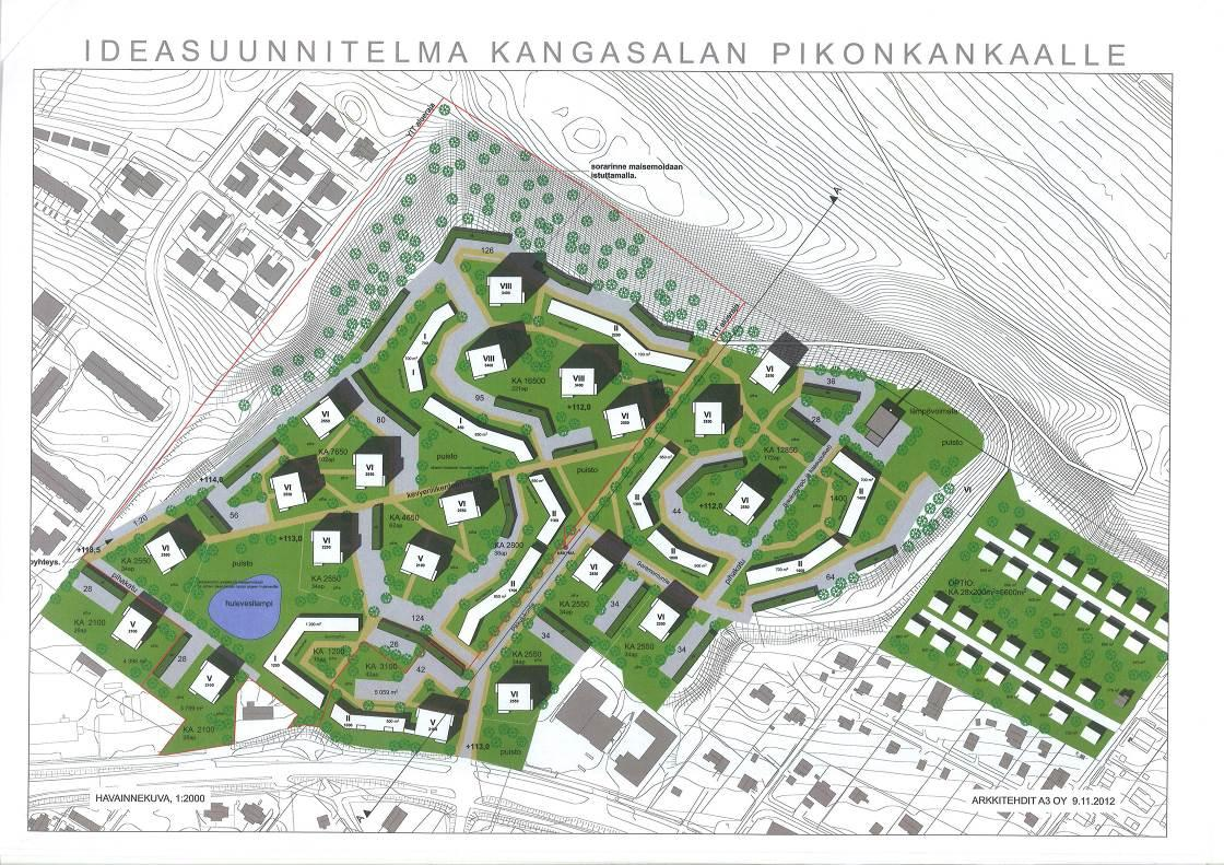 Osa-alueiden välille jää leikkiin, ulkoiluun ja hulevesien käsittelyyn soveltuva vihervyöhyke. Alueen rakennusoikeus on 76600 k-m 2.