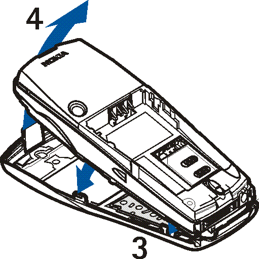 4. Etukuoren asettaminen paikalleen: aseta kuoren alaosassa olevat salvat puhelimessa oleviin reikiin (3) ja työnnä kuoren yläosassa oleva salpa varovasti puhelimen yläosassa olevaan