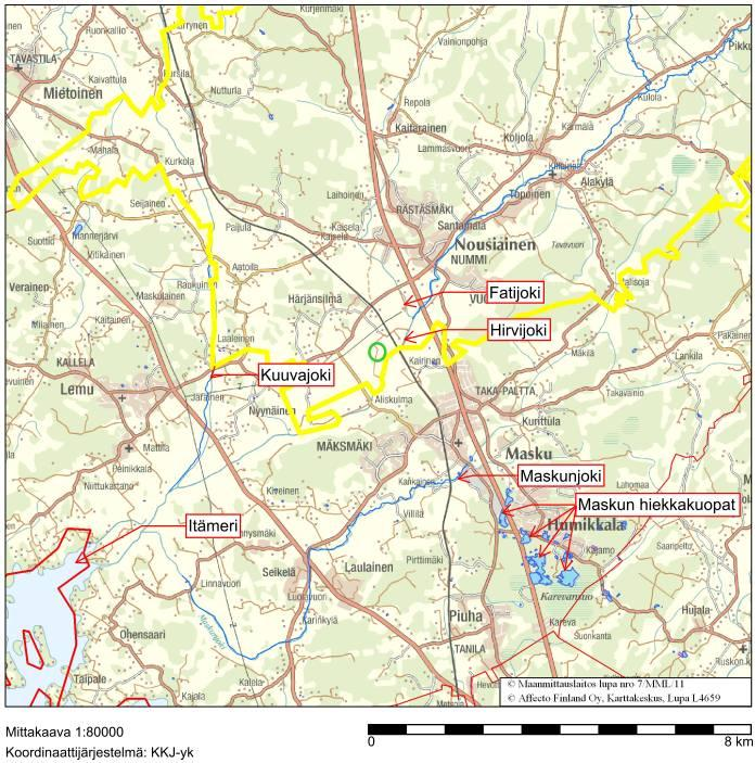 45 (55) Kuva 32. Lähimmät pintavedet (OIVA ympäristö- ja paikkatietopalvelu asiantuntijoille, 2011). Hankealueen läheisyydessä vajaan kilometrin päässä sijaitsee Linnavuoren luokan I pohjavesialue.