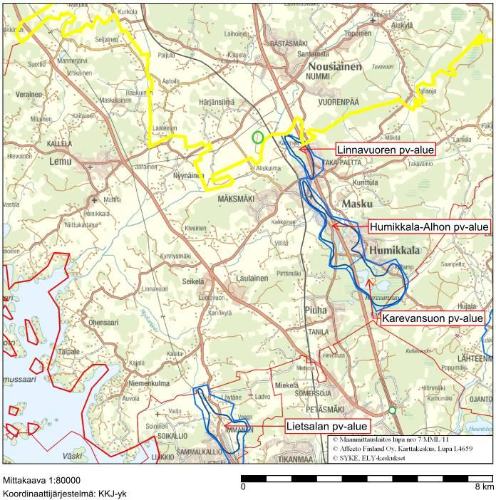 46 (55) Lähimpien pohjavesialueiden sijainti on esitetty kuvassa 33. Hankealue on ympyröity vihreällä. Kuva 33. Lähimmät pohjavesialueet (OIVA ympäristö- ja paikkatietopalvelu asiantuntijoille, 2011).