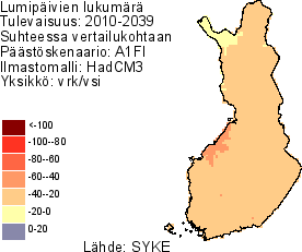 Sademäärät -talvisateet lisääntyvät hieman -talviset vesisateet yleistyvät -rankkasateiden oletetaan voimistuvan enemmän kuin keskimääräisten vesisateiden Lumipeite ja routa -lumipeiteaika lyhenee