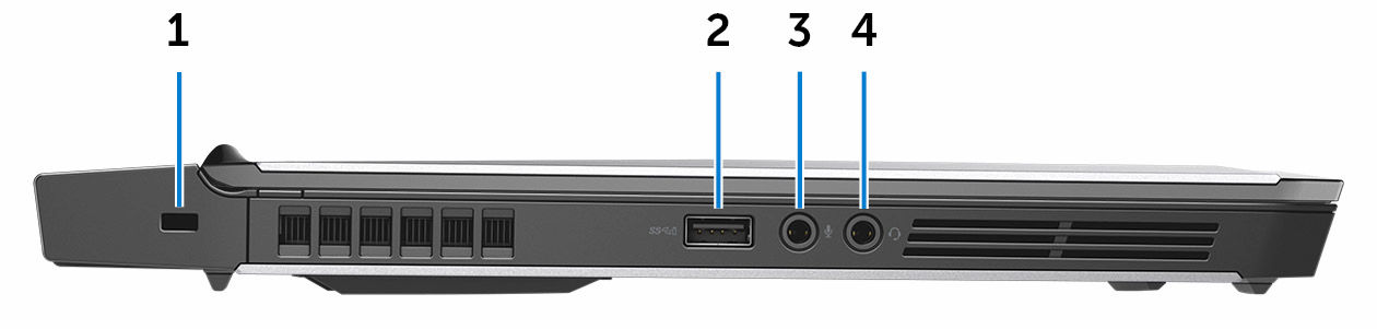 5 Ulkoinen näyttöliitäntä Kytke Alienware Graphics Amplifier parantaaksesi grafiikkasuorituskykyä. 6 Verkkolaiteportti Verkkolaitteen kytkentään virran saamiseksi tietokoneelle ja akun lataamiseksi.