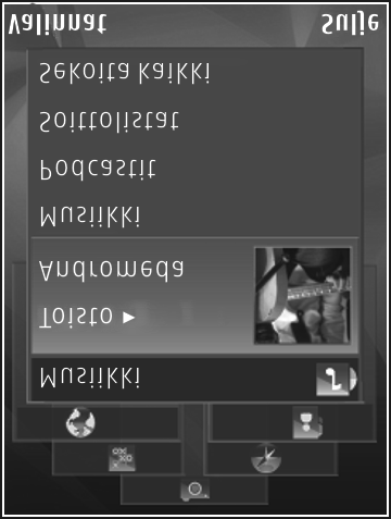 Multimediavalikko Multimediavalikon avulla voit tarkastella useimmin käyttämääsi multimediasisältöä, kuten kuvia ja videoita, musiikkileikkeitä, suosikki- Web-kirjanmerkkejäsi ja Nokia Maps