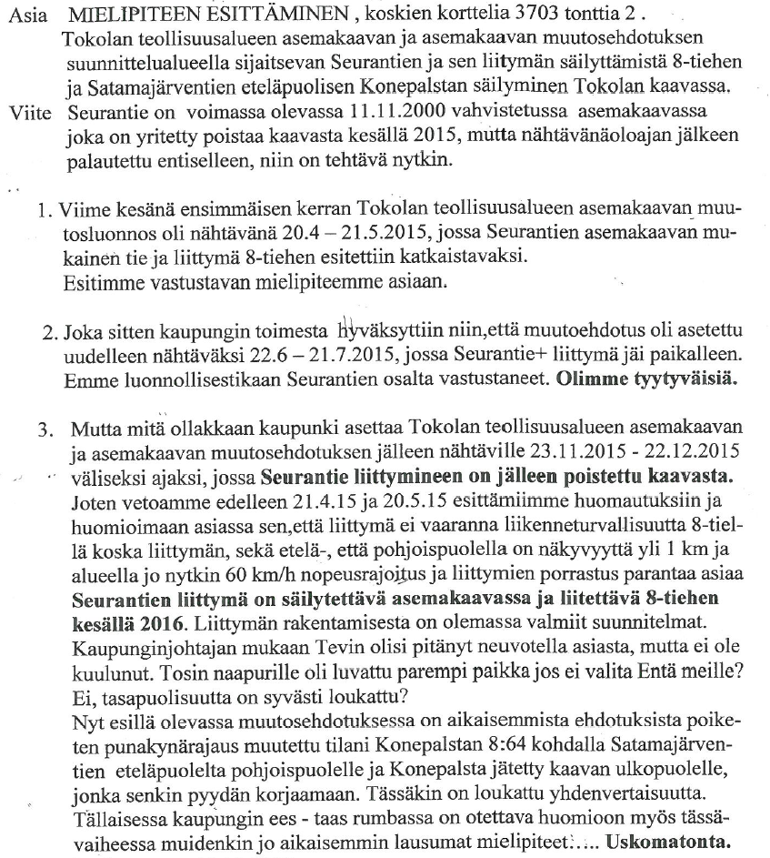 Tokolan teollisuusalueen asemakaavaehdotus uuden ehdotusvaiheen palaute 8 MUISTUTUS Pentti Polus kirjoittaa 15.12.