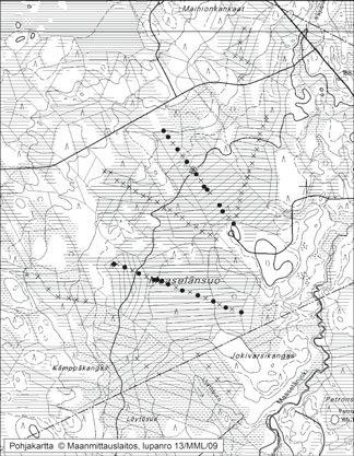 Pyhännällä tutkitut suot ja niiden turvevarat Osa 3 134. Maaselänsuo Maaselänsuo (kl. 341310, x = 7103,4, y = 3491,2) sijaitsee noin 30 km Pyhännän keskustasta itäkaakkoon (kuva 36).