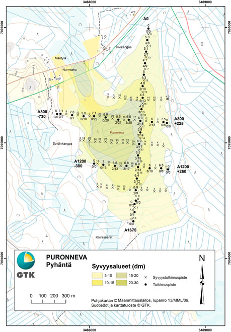 Pyhännällä tutkitut suot ja niiden turvevarat Osa 3 Kuva 2. Esimerkki suokartasta.