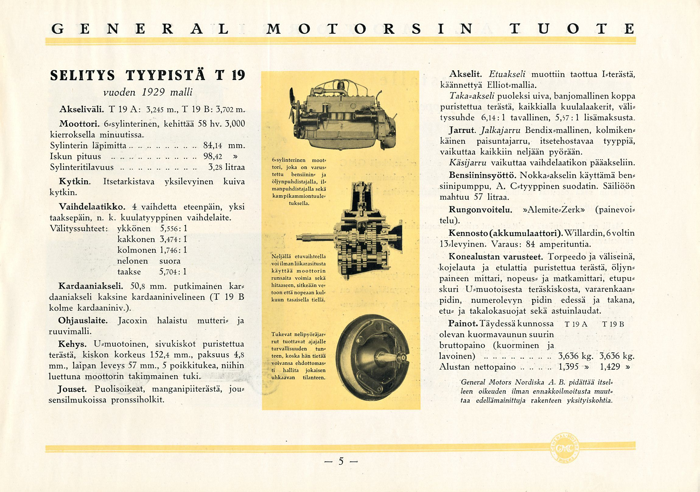 ...... 1,395 GENERAL MOTORSIN TUOTE SELITYS TYYPISTÄ T 19 vuoden 1929 malli Akseliväli. T 19 A: 3,245 m., T 19 B: 3,702 m. Moottori. 6*sylinterinen, kehittää 58 hv. 3,000 kierroksella minuutissa.