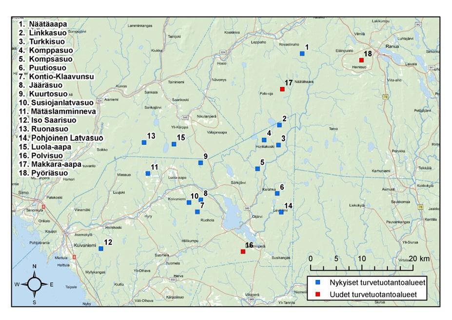 12 Pyöriäsuon lisäksi Kivijokeen laskevilla valumaalueilla on tuotannossa olevia Vapo Oy:n ja muiden yritysten turvetuotantoalueita. Kuivajoen vesistöalueella (63) on myös muutama suo.