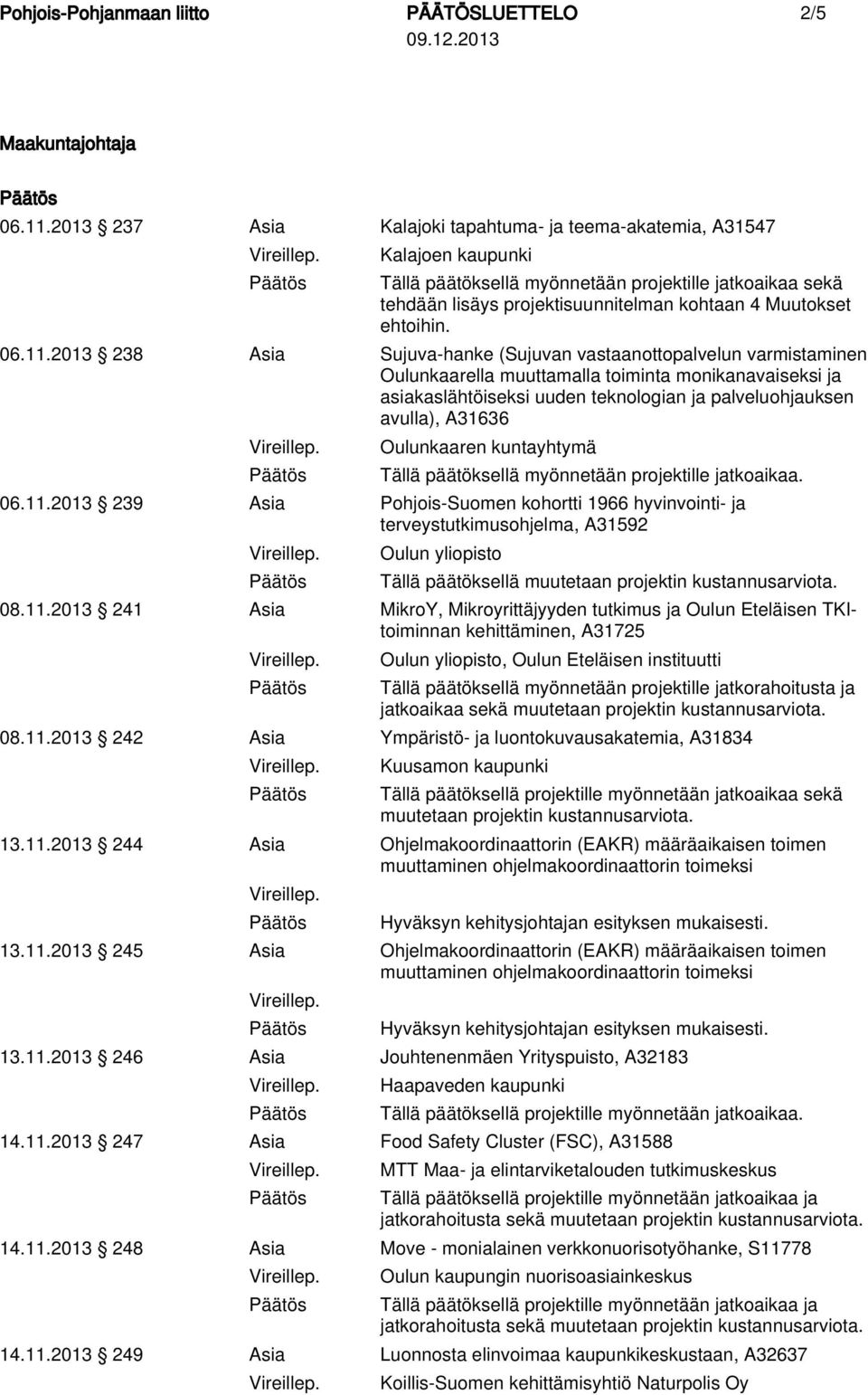 2013 238 Asia Sujuva-hanke (Sujuvan vastaanottopalvelun varmistaminen Oulunkaarella muuttamalla toiminta monikanavaiseksi ja asiakaslähtöiseksi uuden teknologian ja palveluohjauksen avulla), A31636