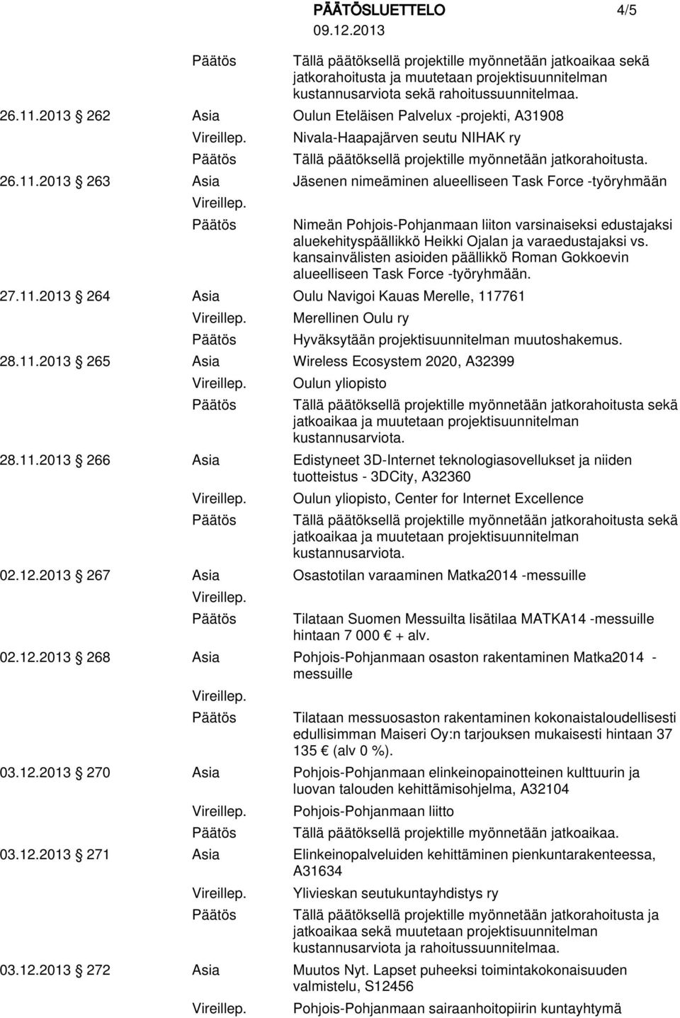 2013 268 Asia Pohjois-Pohjanmaan osaston rakentaminen Matka2014 - messuille Tilataan Suomen Messuilta lisätilaa MATKA14 -messuille hintaan 7 000 + alv.