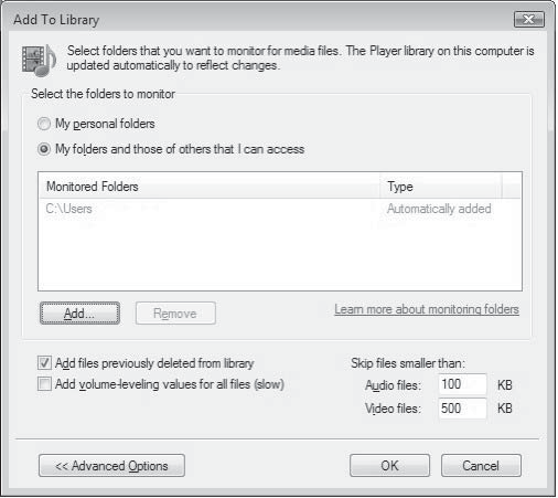 2 Valitse My folders and those of others that I can access. 3 Valitse Advanced Options.» Advanced options tulee näkyviin Add To Library -ikkunaan. TVersity v. 0.9.10.