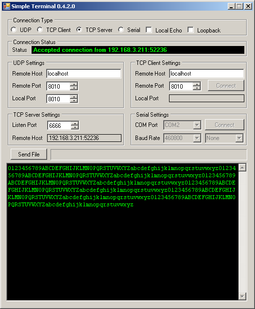39 KUVA 17. Simple Terminal -ohjelma on vastaanottanut yhteyden GS1011Mmoduulilta, jonka IP-osoite on 192.168