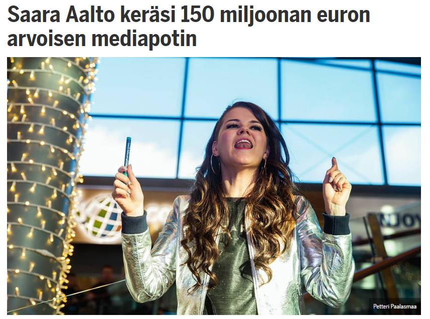 Muuta huomioitavaa Esimerkiksi Markkinointi ja mainonta lehdessä julkaistu artikkeli Saara Aalto keräsi 150 miljoonan arvoisen mediapotin johdattaa hieman väärille