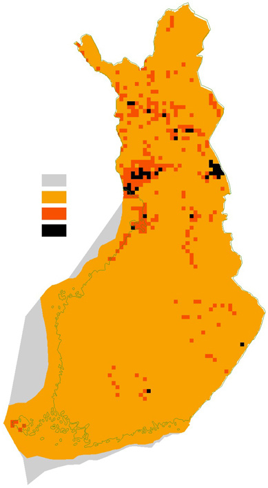 Kuva 29. Luontodirektiivin liitteiden II, IV ja V putkilokasvilajien esiintyminen neliöpeninkulmaruuduittain. Eliölajit-järjestelmä 31.12.2007. Liekoja (Lycopodium spp.