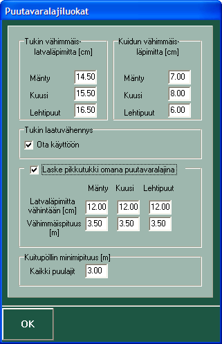 1.1. Puutavaralajien määrittely Valitse: Asetukset Puutavaralajit Anna tukin vähimmäislatvaläpimitat puulajeittain Pikkutukki: Tukki- ja kuitupuun lisäksi voidaan laskea myös pikkutukin saanto.
