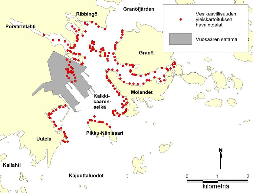 Vesikasvillisuuden sukelluslinjojen lisäksi kasvillisuutta seurattiin veneestä käsin tehdyllä yleiskartoituksella Vuosaaren sataman ympäristössä kuvassa 85 esitetyllä alueella.