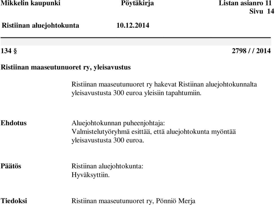 aluejohtokunnalta yleisavustusta 300 euroa yleisiin tapahtumiin.