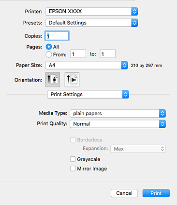 Tulostaminen 5. Valitse ponnahdusvalikosta Tulostusasetukset. Jos käytössäsi on Mac OS X v10.8.x tai uudempi ja jos Tulostusasetukset-valikko ei näy, Epsonin tulostinajuria ei ole asennettu oikein.