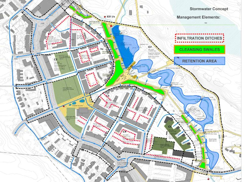 Hulevesien hallintasuunnitelmat Vuoreskeskuksessa Vuoreskeskuksen hulevesijärjestelmä keskittyy keskuspuiston ympärille Keskuspuiston ja sen