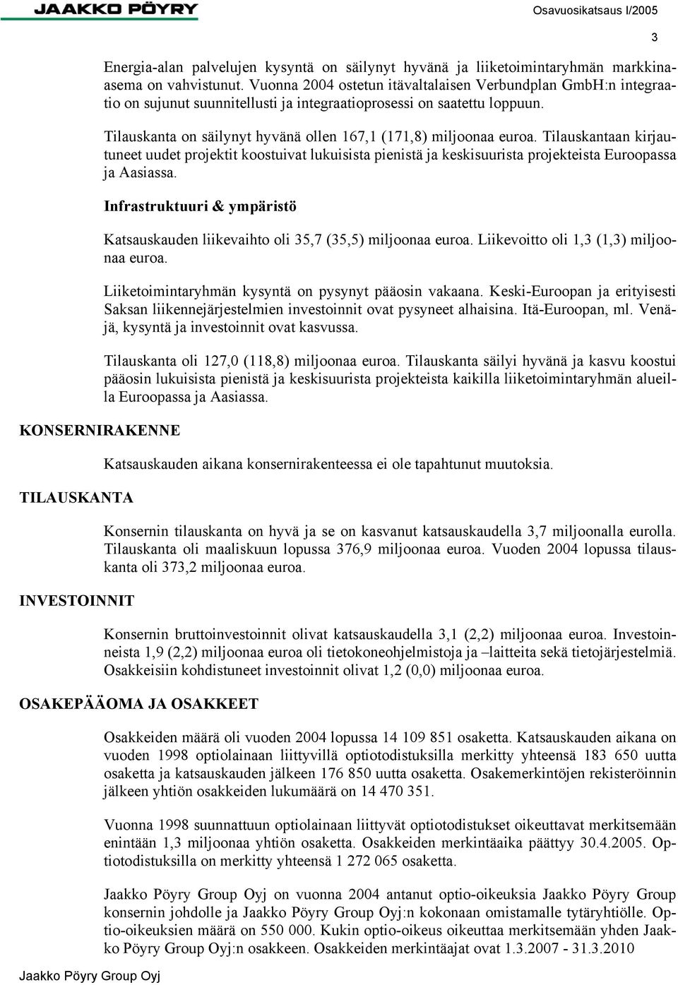 Tilauskanta on säilynyt hyvänä ollen 167,1 (171,8) miljoonaa euroa. Tilauskantaan kirjautuneet uudet projektit koostuivat lukuisista pienistä ja keskisuurista projekteista Euroopassa ja Aasiassa.