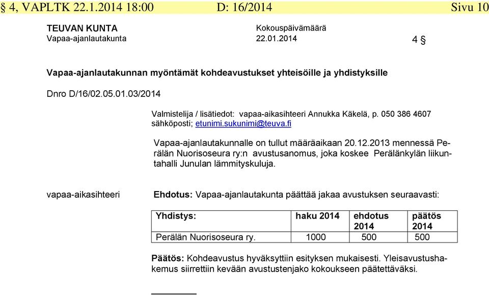 2013 mennessä Perälän Nuorisoseura ry:n avustusanomus, joka koskee Perälänkylän liikuntahalli Junulan lämmityskuluja.