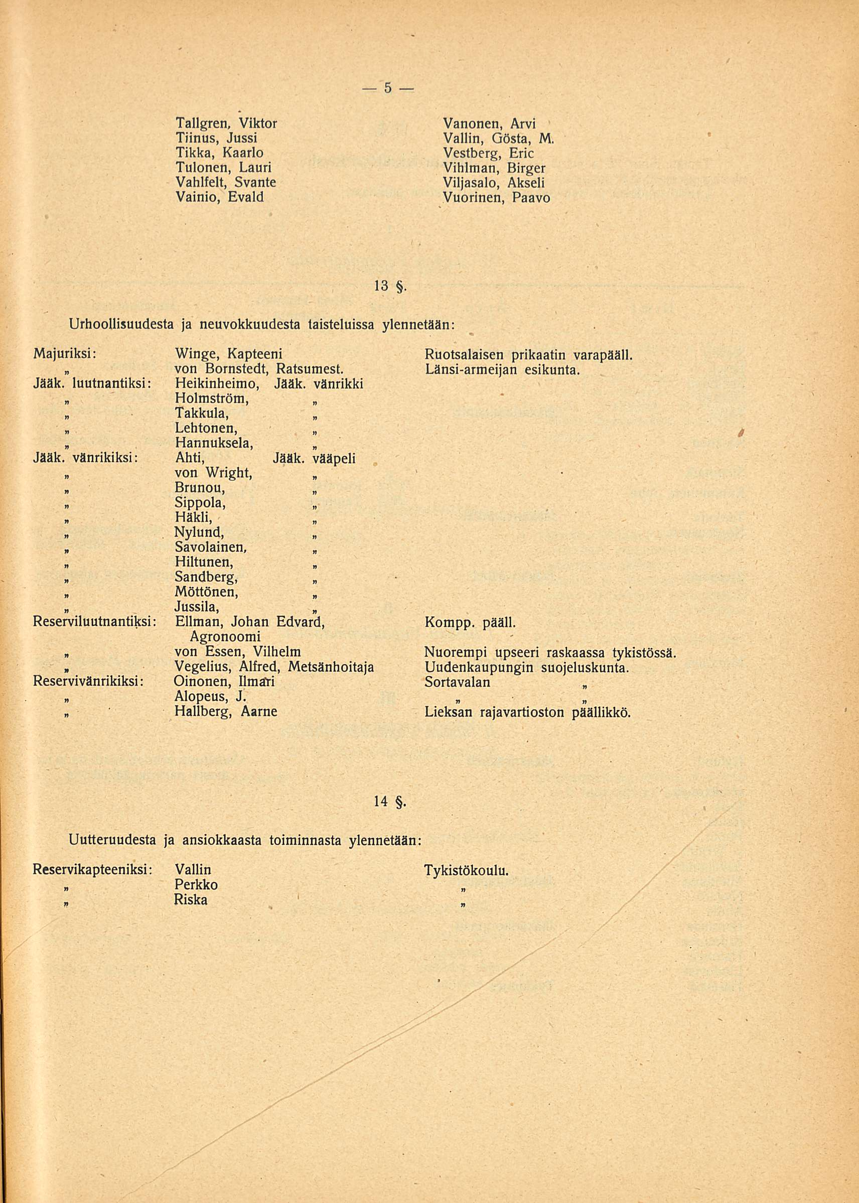 5 Tallgren, Viktor Vanonen, Arvi Tiinus, Jussi Vallin, Gösta, M, Tikka, Kaarlo Vestberg, Eric Tulonen, Lauri Vihlman, Birger Vahlfelt, Svante Viljasalo, Akseli Vainio, Evald Vuorinen, Paavo 13.
