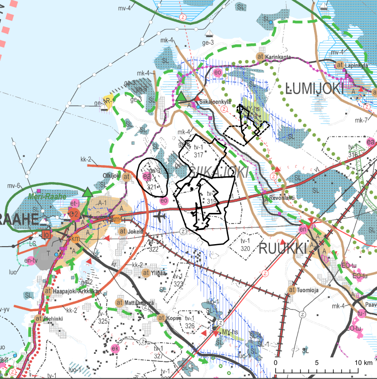102 Kuva 9 13. Pohjois-Pohjanmaan maakuntakaavojen yhdistelmäkartan ote. Hankealueet on osoitettu mustalla viivalla. 9.20.