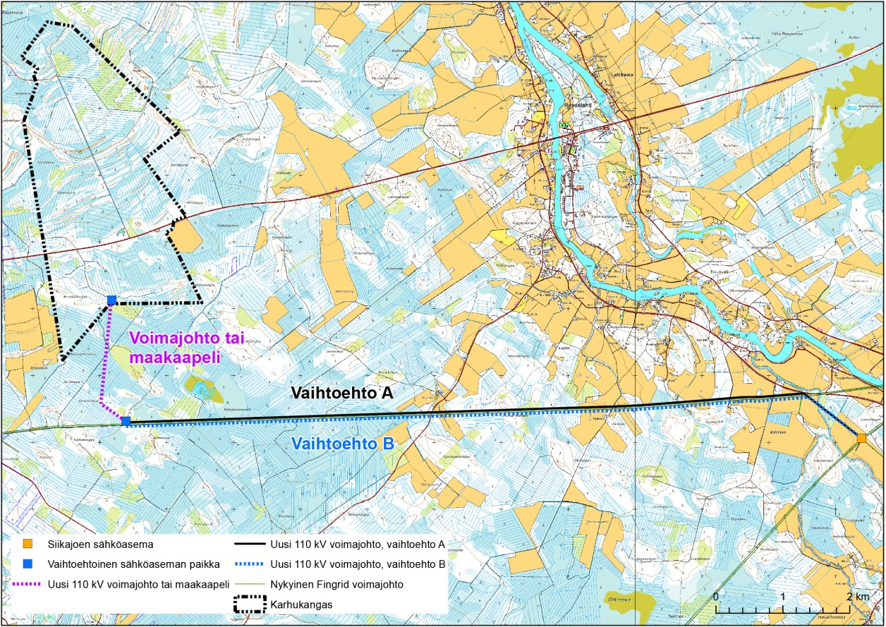 Vaihtoehto B Sähkönsiirron vaihtoehdossa B tuulivoimahanke liitetään Siikajoen sähköasemaan uudella noin 11 13 km pituisella 110 kv voimajohdolla, joka rakennetaan Fingrid Oyj:n Ala-Temmes