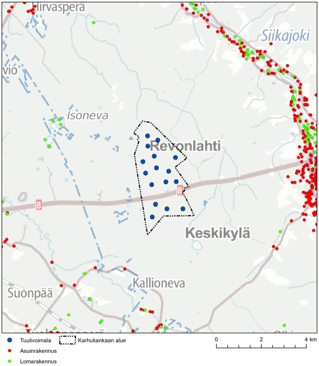 23 ta tuulivoimalan paikoista. Lähimmät taajamat ovat Revonlahti lähimmillään noin 5 kilometrin päässä idässä ja Pattijoki noin 10 kilometrin päässä lännessä. Taulukko 2.