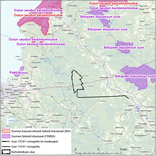 38 Kuva 6 14. Kaava-alueen ja liityntävoimajohdon ympäristössä sijaitsevat kansainvälisesti ja valtakunnallisesti tärkeät linnustoalueet. 6.11.