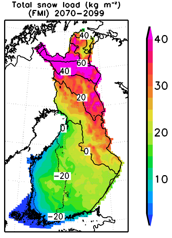 Ilmastonmuutoksen vaikutus lumituhojen mahdollisuuteen Mallinnettu talven suurin lumikuorma (kgm -2 ) jaksolla