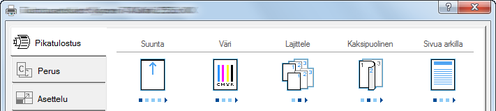 Tulostaminen tietokoneelta > Tulostinajurien ominaisuuksien näyttö Tulostinajurin ominaisuuksien näytössä voit määrittää useita erilaisia tulostusasetuksia.