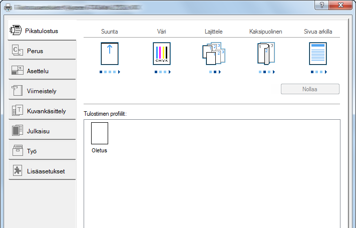 Tulostaminen tietokoneelta > Nro Kuvaus 2 [Profiilit] Tulostinajurin asetukset voidaan tallentaa profiiliksi.