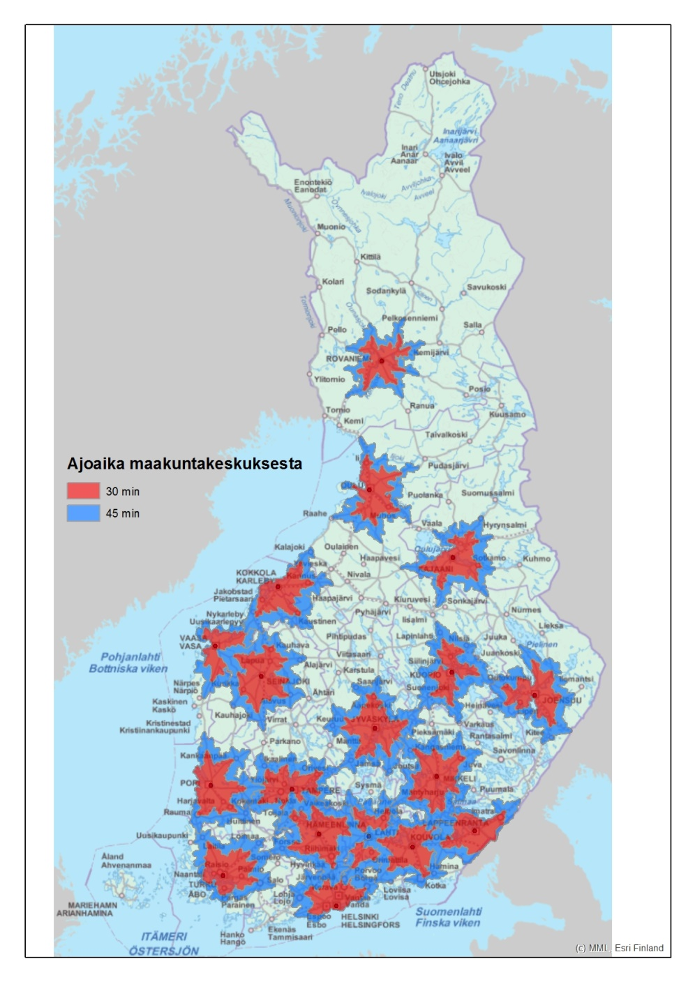 KAUPUNKIALUEILLA KOROSTUU AIKAETÄISYYS MATKAETÄISYYDEN SIJAAN Kartassa kuvataan maakunaen keskuskaupunkien (18) vaikutusalueen laajuu?a 30 ja 45 minuuan ajoaikaetäisyydellä.