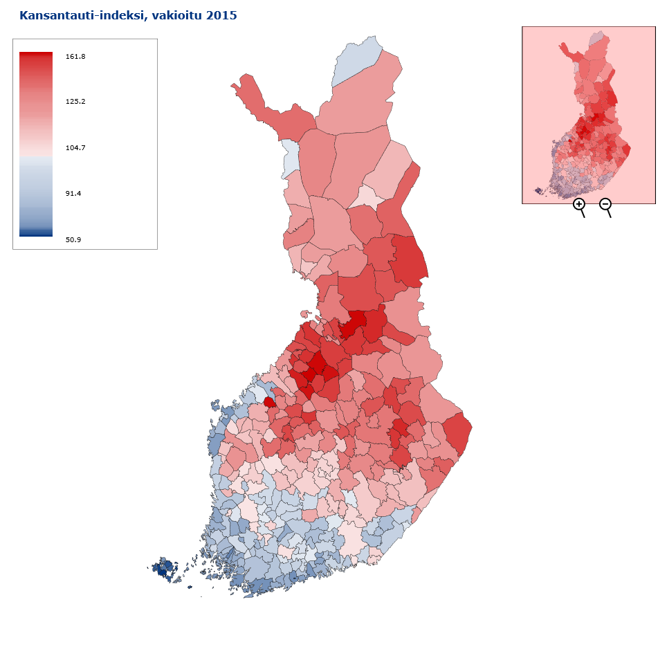 VAKIOITU KANSANTAUTI-INDEKSI KUNNITTAIN 2015* *KansantauA-indeksi pitää sisällään seuraavat kansantaudit: diabetes, psykoosit, sydämen vajaatoiminta, nivelreuma, astma, verenpainetaua ja
