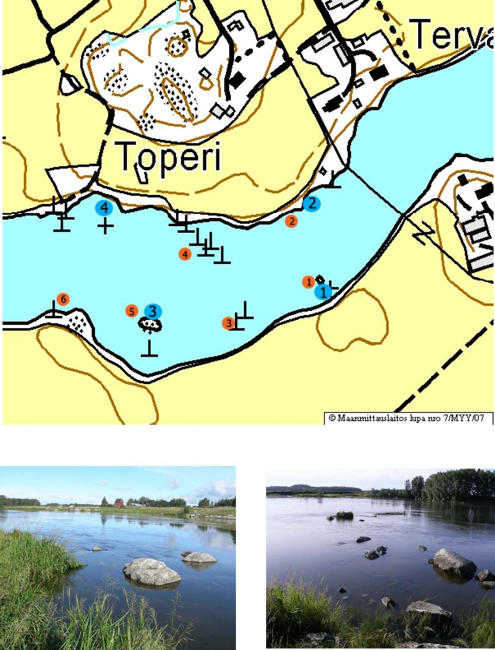 Liite 5. Verkkokoekalastuksen (punaiset pisteet) ja sähkökoekalastuksen (siniset pisteet) näytteenottopisteet Villilän vuolteella vuonna 2007.