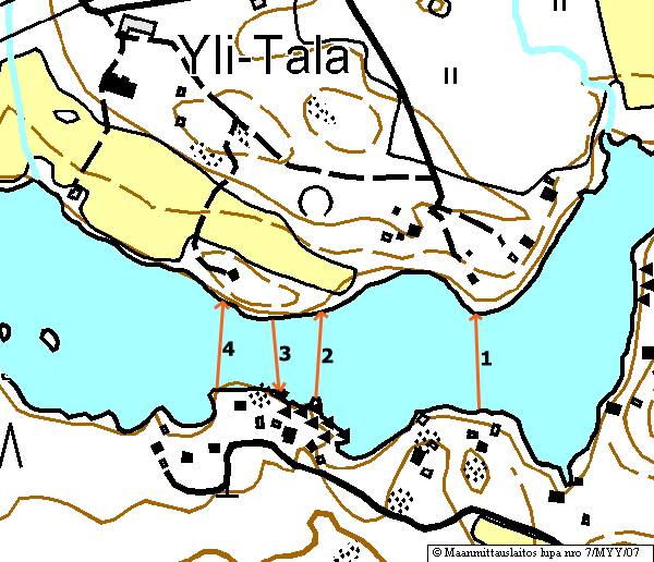 TALANKOSKI 3 / 5 Linja 1. Sukellus: Rannasta heti syveni ja jatkui syvänä koko matkan. Heikohko virtaus. Linja 2. Sukellus: Ensin kalliota ja suuria kiviä. Jälkimmäinen puoli linjasta matalenevaa.