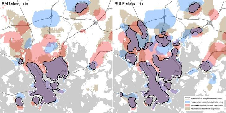 Kuva 8 Urbaanin kapasiteetin vyöhykkeiden laajuusvertailu skenaarioittain (WSP 2014). Pelkkä rakentamisen tiiviyden lisääntyminen (BAU-skenaario) ei lisää urbaanin kapasiteetin vyöhykkeiden laajuutta.