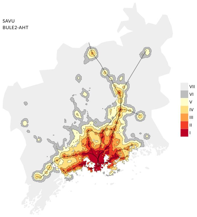 Eri alueiden saavutettavuus toistensa suhteen on kuvattu alla olevissa vyöhykekuvissa.