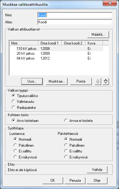 Liite 6 10(24) Valittaessa koodi aktiiviseksi ja painettaessa alhaalta Muokkaa attribuuttia avautuu alla näkyvä kuva. Valikkoattribuutit ovat muokattavissa ja niitä voi lisätä tarpeen mukaan.