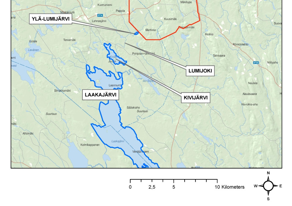 KAIVOKSEN LÄHELLÄ SIJAITSEVAT VESISTÖT Kaivos sijaitsee vedenjakajalla Kaivosalueelta (punaisella merkitty alue)