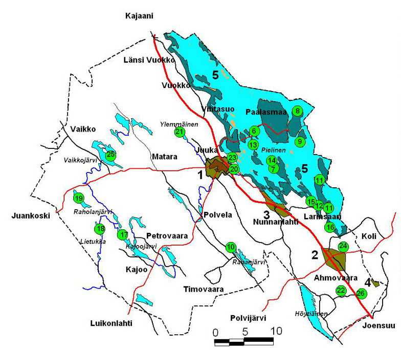 JUUKA, KAAVA-ALUEET 1. kirkonkylä, oyk, asemakaava 2. Ahmovaara, oyk 3. Nunnanlahti, oyk, asemakaava 4. Napakallio, oyk 5. Pielinen, rantaoyk 6.