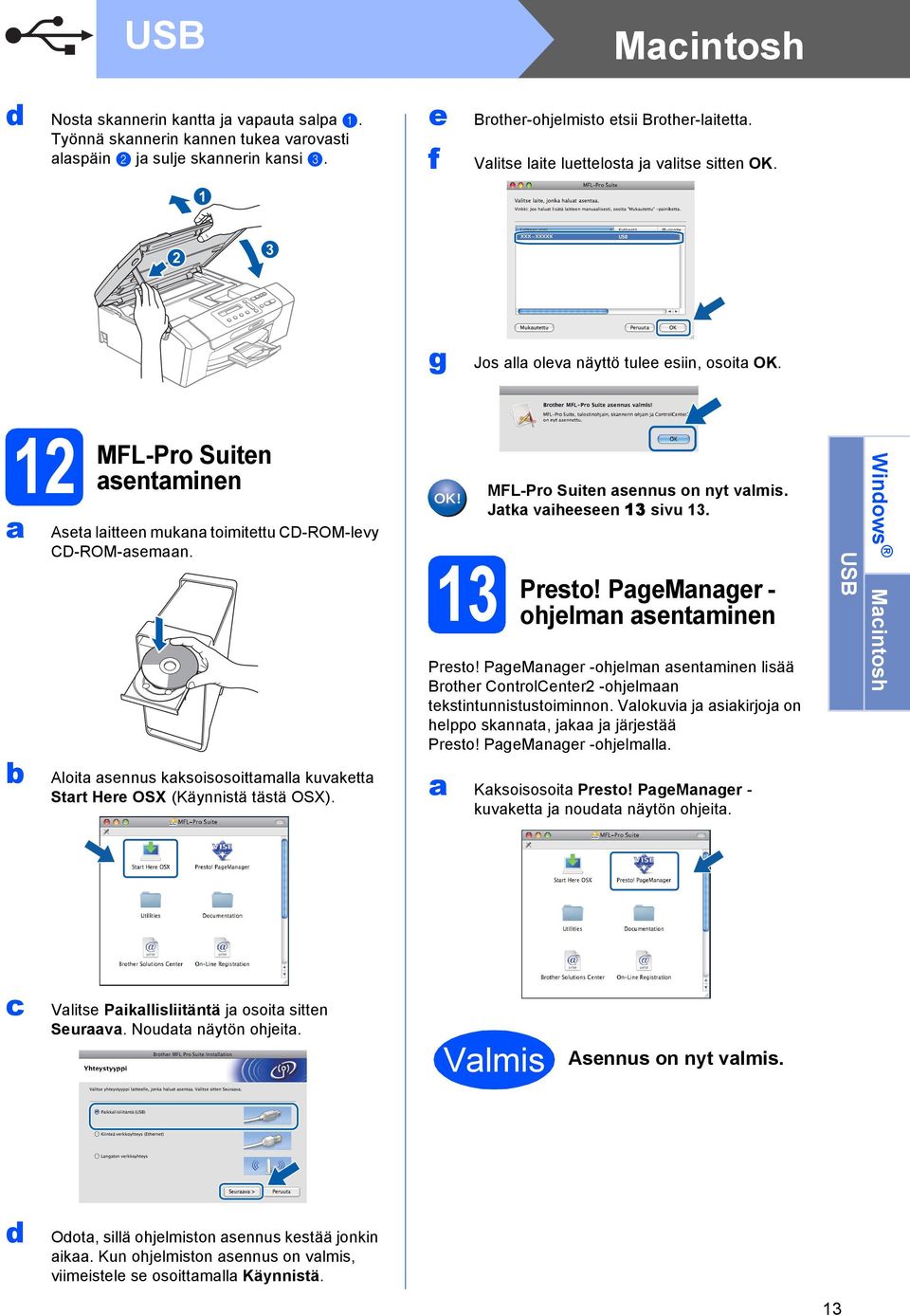 Aloit sennus kksoisosoittmll kuvkett Strt Here OSX (Käynnistä tästä OSX). MFL-Pro Suiten sennus on nyt vlmis. Jtk viheeseen 13 sivu 13. 13 Presto! PgeMnger - ohjelmn sentminen Presto!