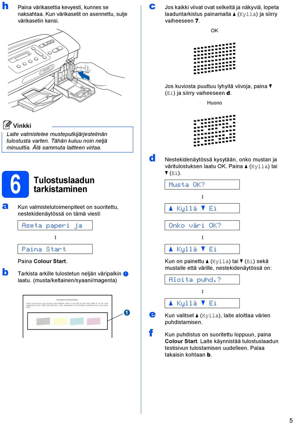 6 Tulostusldun trkistminen Kun vlmistelutoimenpiteet on suoritettu, nestekidenäytössä on tämä viesti Aset pperi j q Pin Strt d Nestekidenäytössä kysytään, onko mustn j väritulostuksen ltu OK.